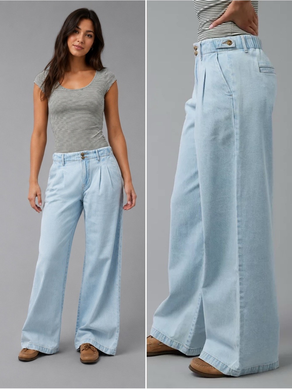 American Eagle High Waisted Wide Leg Trouser Jeans Light Wash 12 Long New